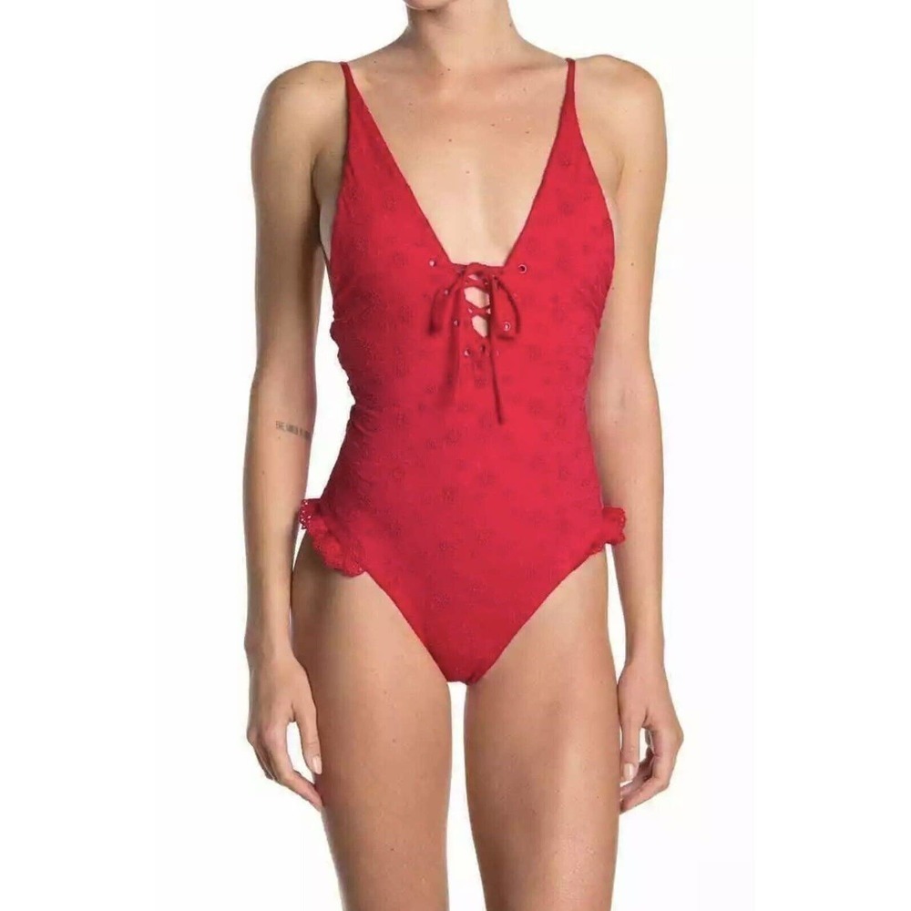 NWT BOND-EYE AUSTRALIA Eyelet Lace-Up One-Piece Swimsuit Women’s Red Sz-L